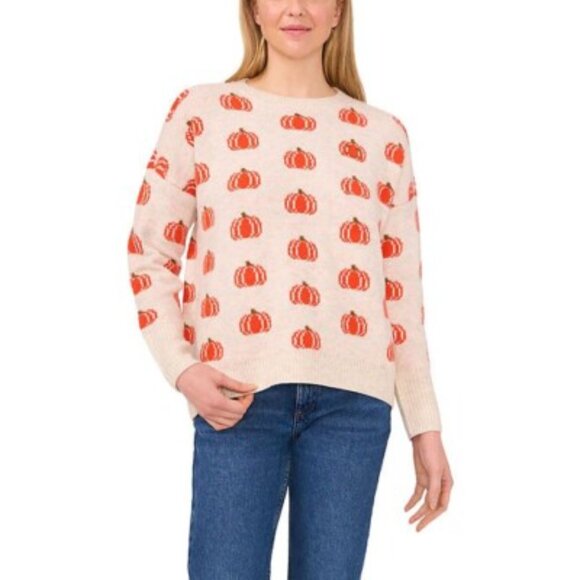Vince Camuto Cream and Orange Pumpkin Print Crewneck Sweater Large - Picture 1 of 7